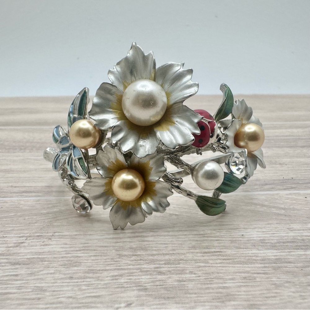 Flower & Ladybug Silver Tone Enamel Rhinestone & Pearl Accented Hinge Bracelet
